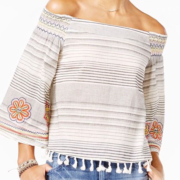 XOXO Tops - XOXO Top Boho Floral Embroidery OTS Stripes Cotton